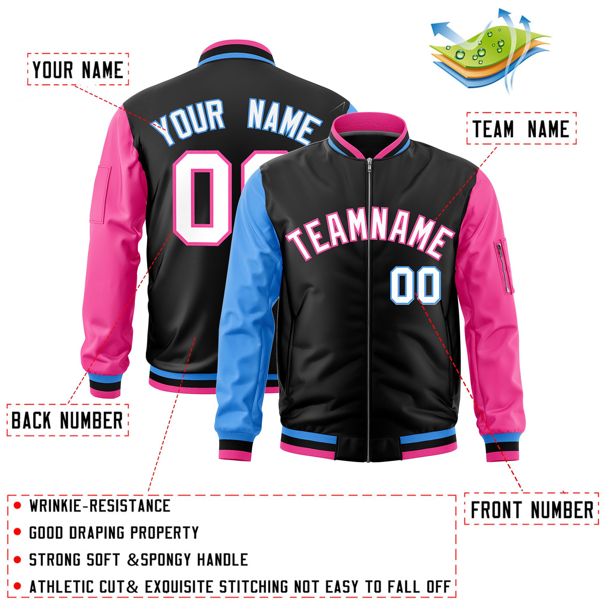 Custom Black Powder Blue Pink Varsity Full-Zip Raglan Sleeves Letterman Bomber Jacket