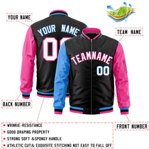 Custom Black Powder Blue Pink Varsity Full-Zip Raglan Sleeves Letterman Bomber Jacket