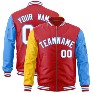 Custom Red Gold Powder Blue Varsity Full-Zip Raglan Sleeves Letterman Bomber Jacket