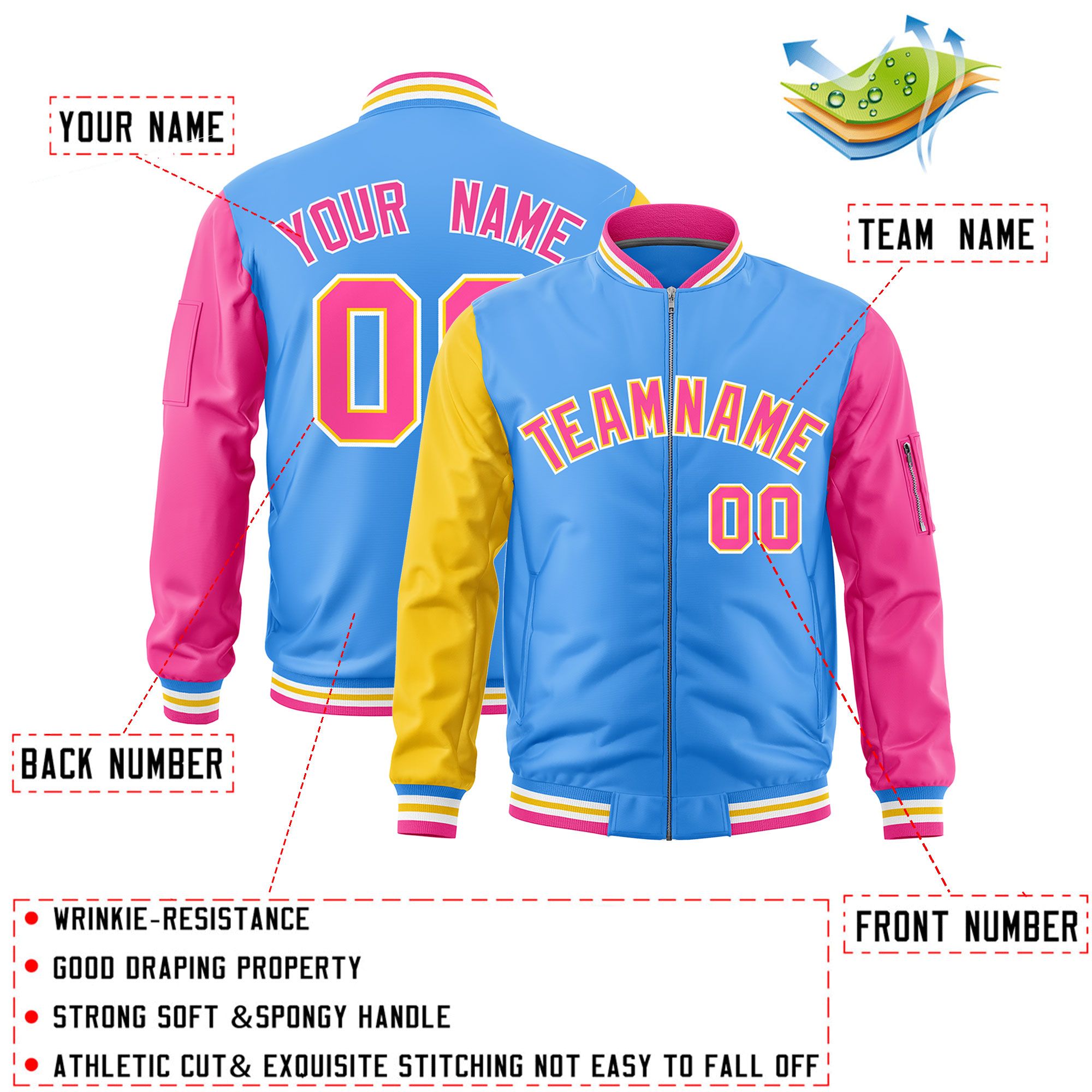 Custom Powder Blue Gold Pink Varsity Full-Zip Raglan Sleeves Letterman Bomber Jacket