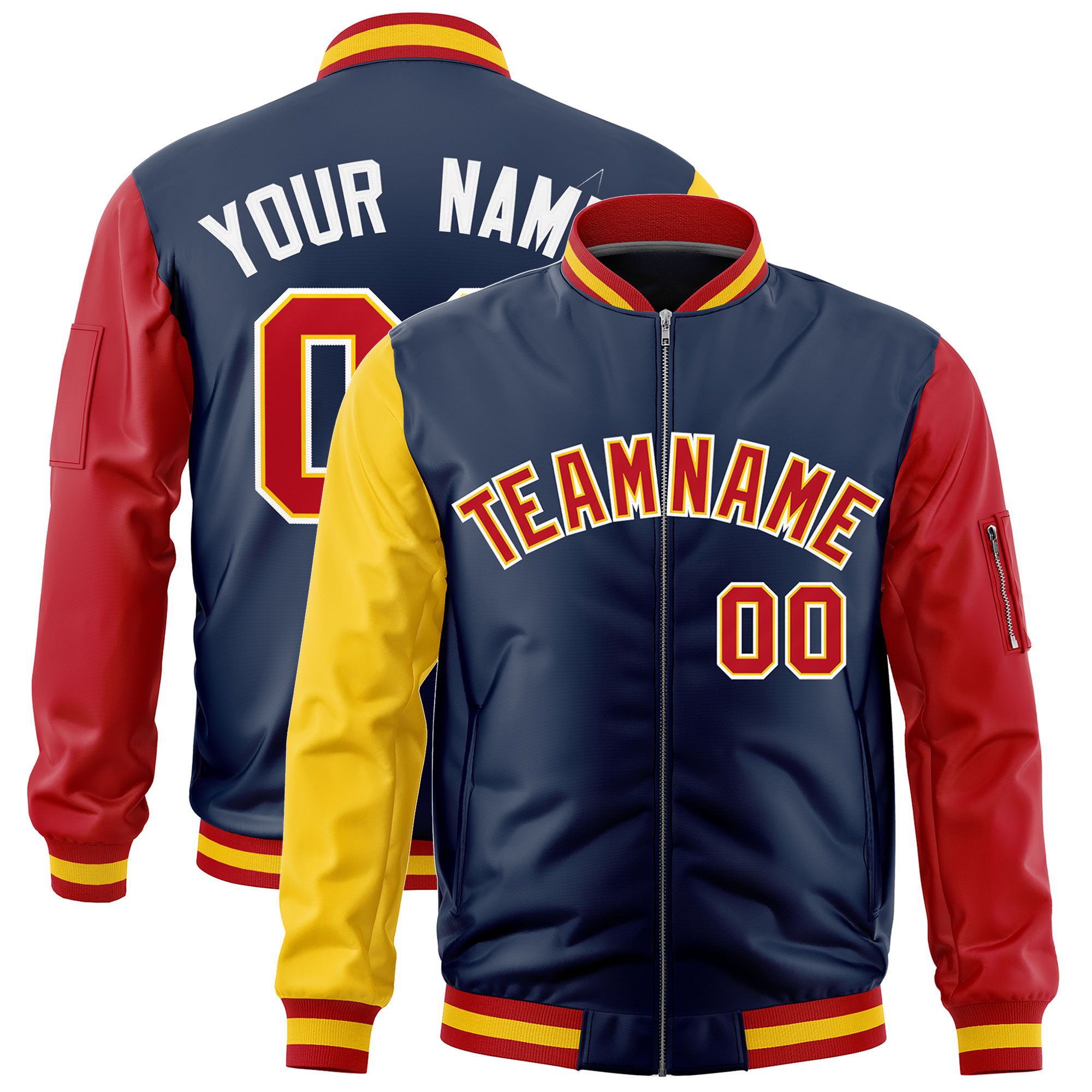 Custom Navy Gold Red Varsity Full-Zip Raglan Sleeves Letterman Bomber Jacket