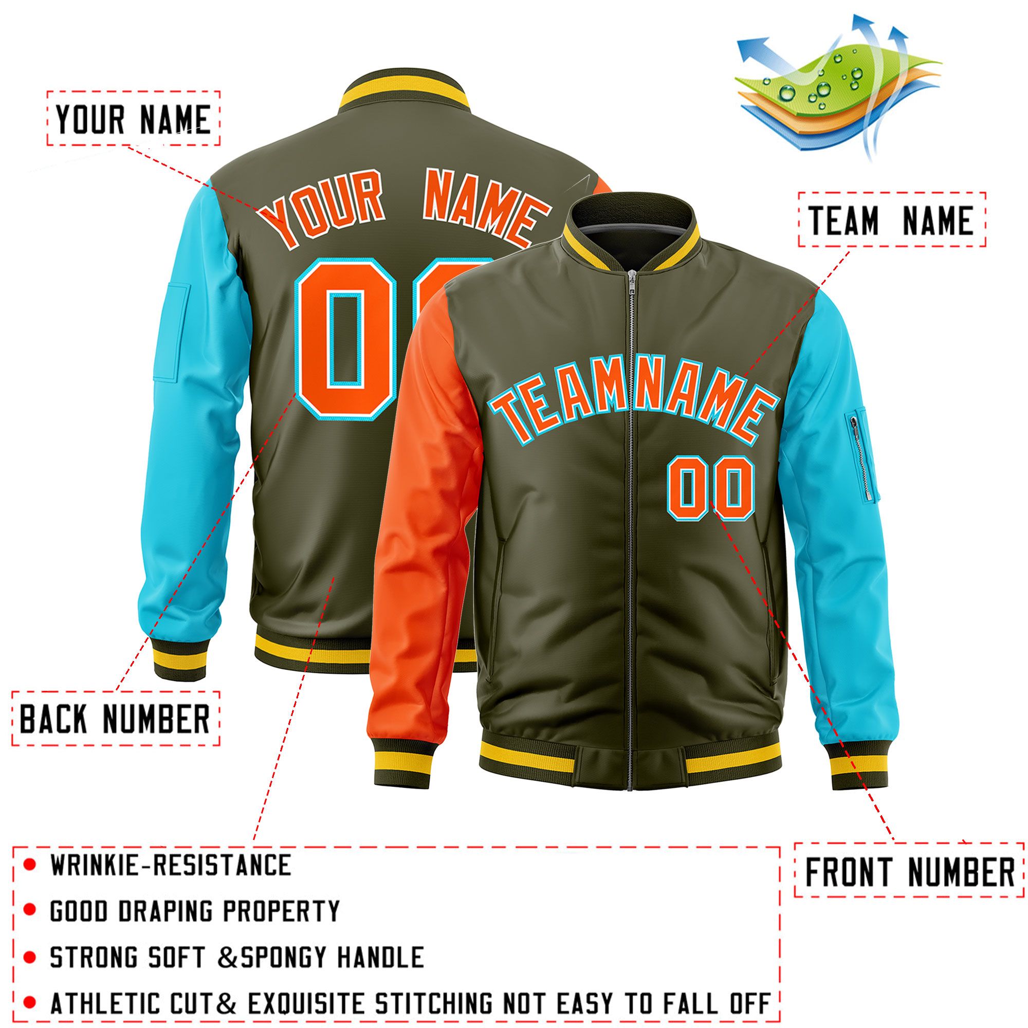 Custom Olive Orange Sky Blue Varsity Full-Zip Raglan Sleeves Letterman Bomber Jacket