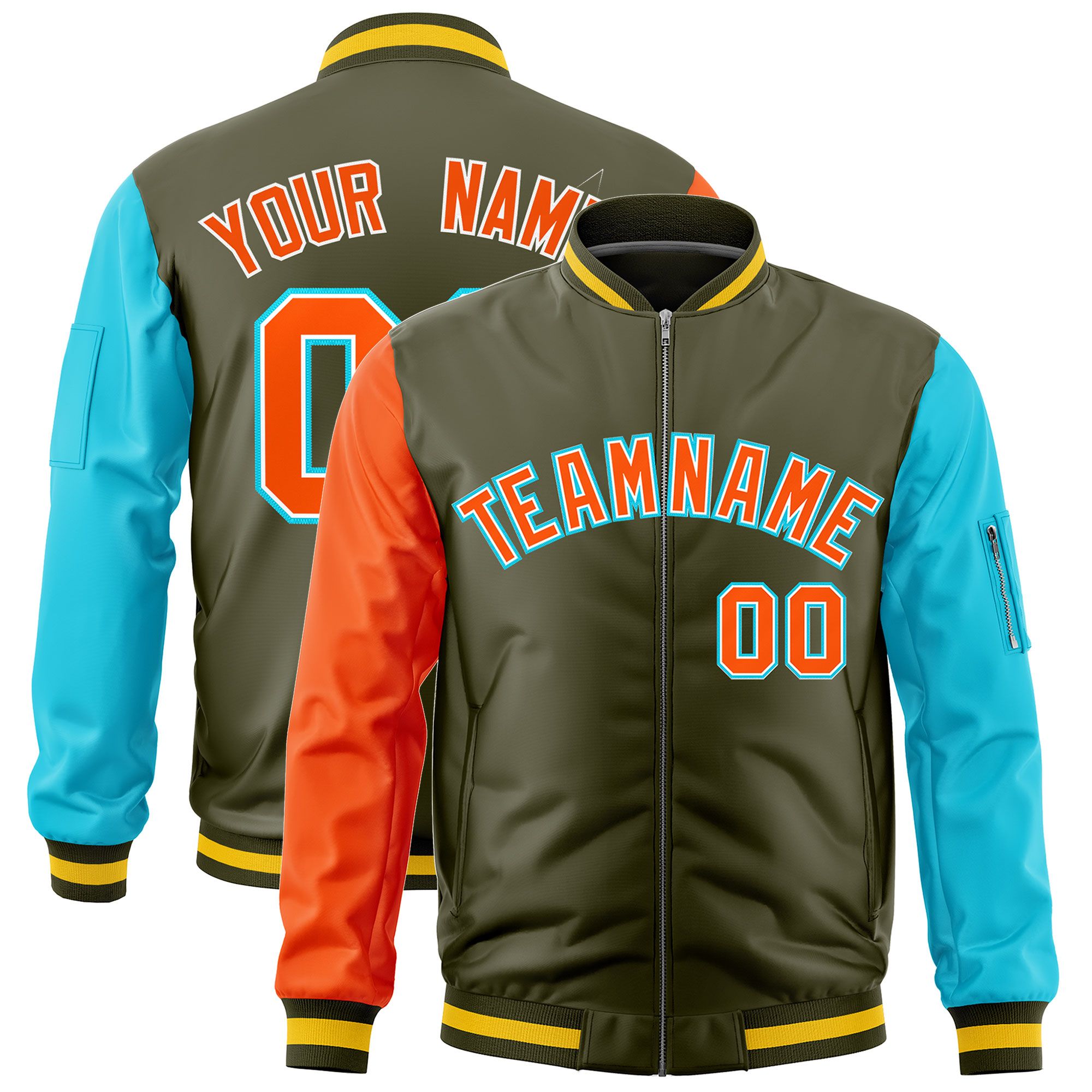 Custom Olive Orange Sky Blue Varsity Full-Zip Raglan Sleeves Letterman Bomber Jacket