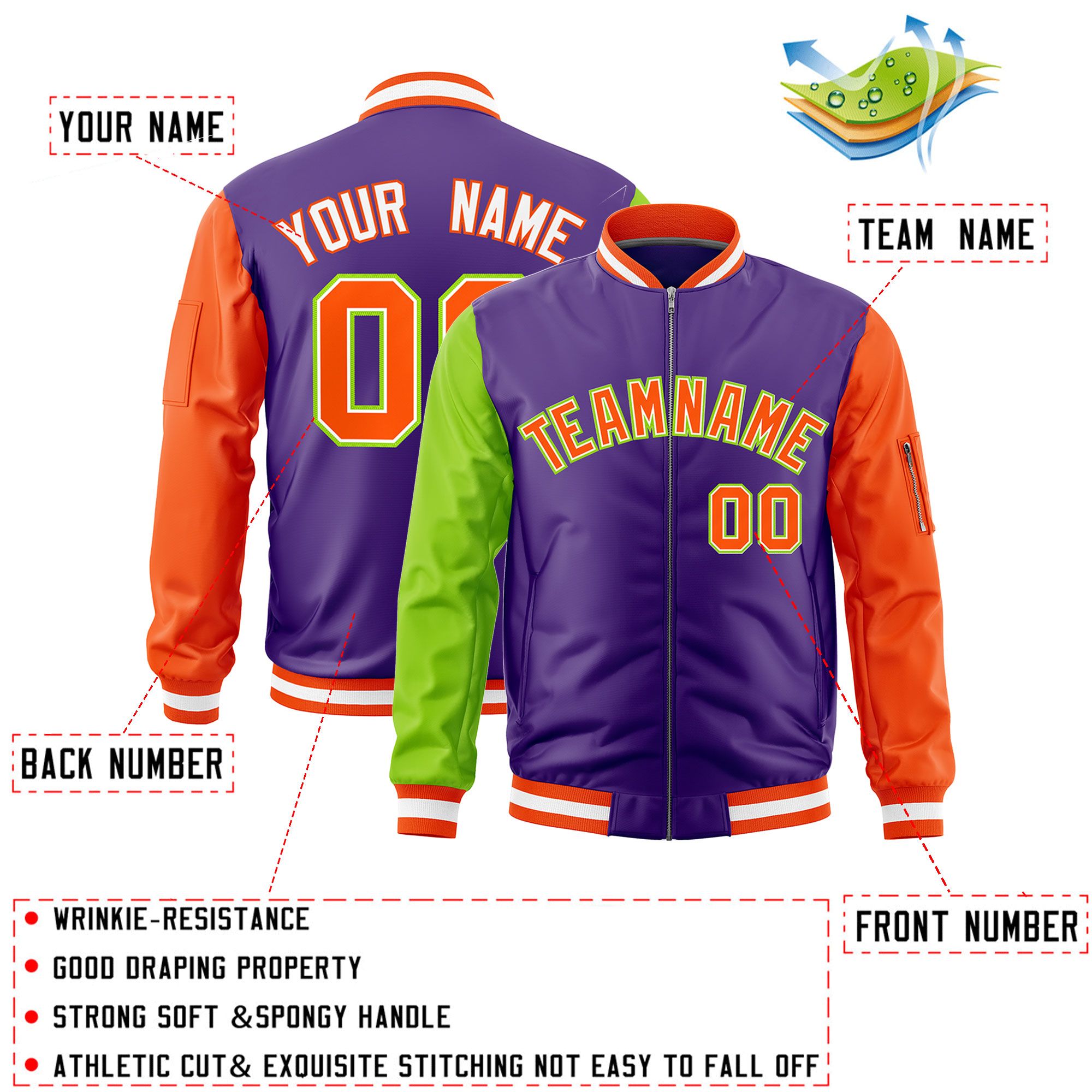 Custom Purple Neon Green Orange Varsity Full-Zip Raglan Sleeves Letterman Bomber Jacket