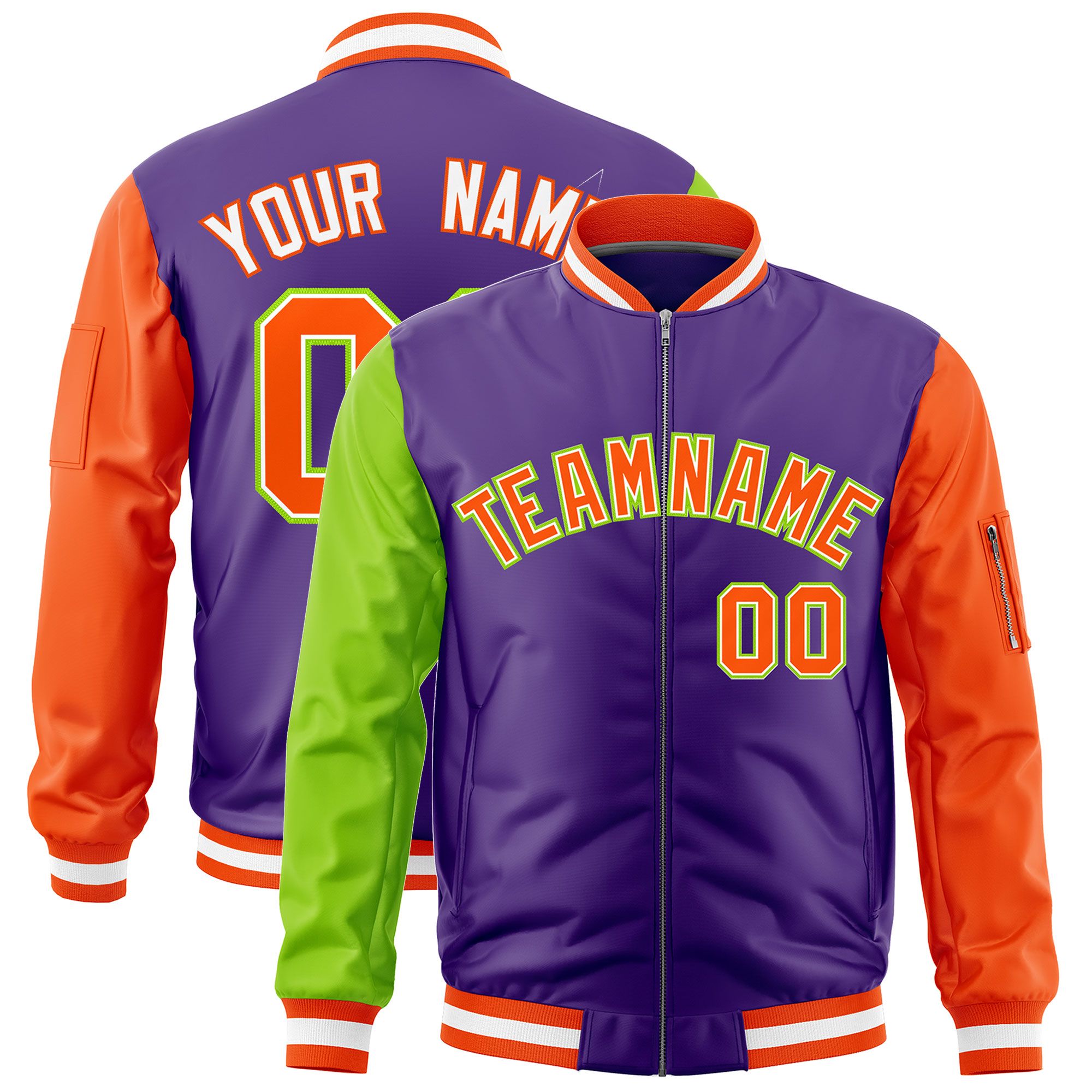 Custom Purple Neon Green Orange Varsity Full-Zip Raglan Sleeves Letterman Bomber Jacket