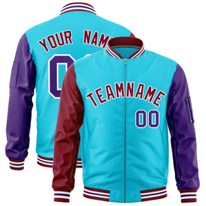 Custom Sky Blue Crimson Purple Varsity Full-Zip Raglan Sleeves Letterman Bomber Jacket