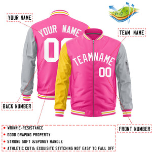 Custom Pink Gold Silver Varsity Full-Zip Raglan Sleeves Letterman Bomber Jacket