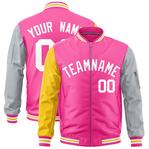 Custom Pink Gold Silver Varsity Full-Zip Raglan Sleeves Letterman Bomber Jacket