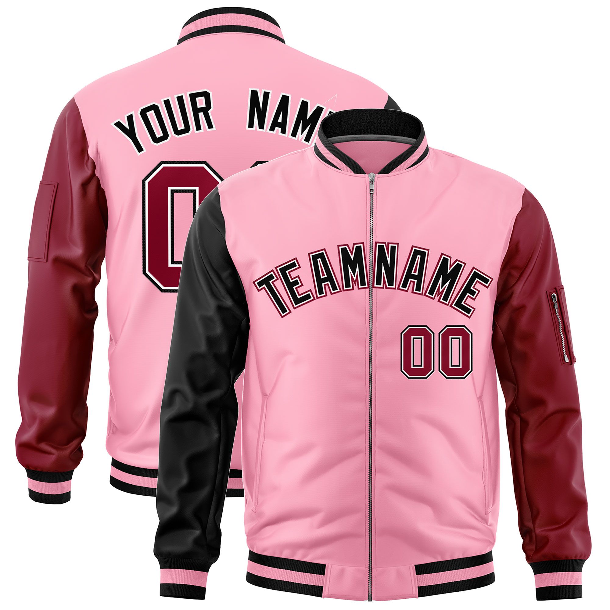 Custom Light Pink Black Crimson Varsity Full-Zip Raglan Sleeves Letterman Bomber Jacket