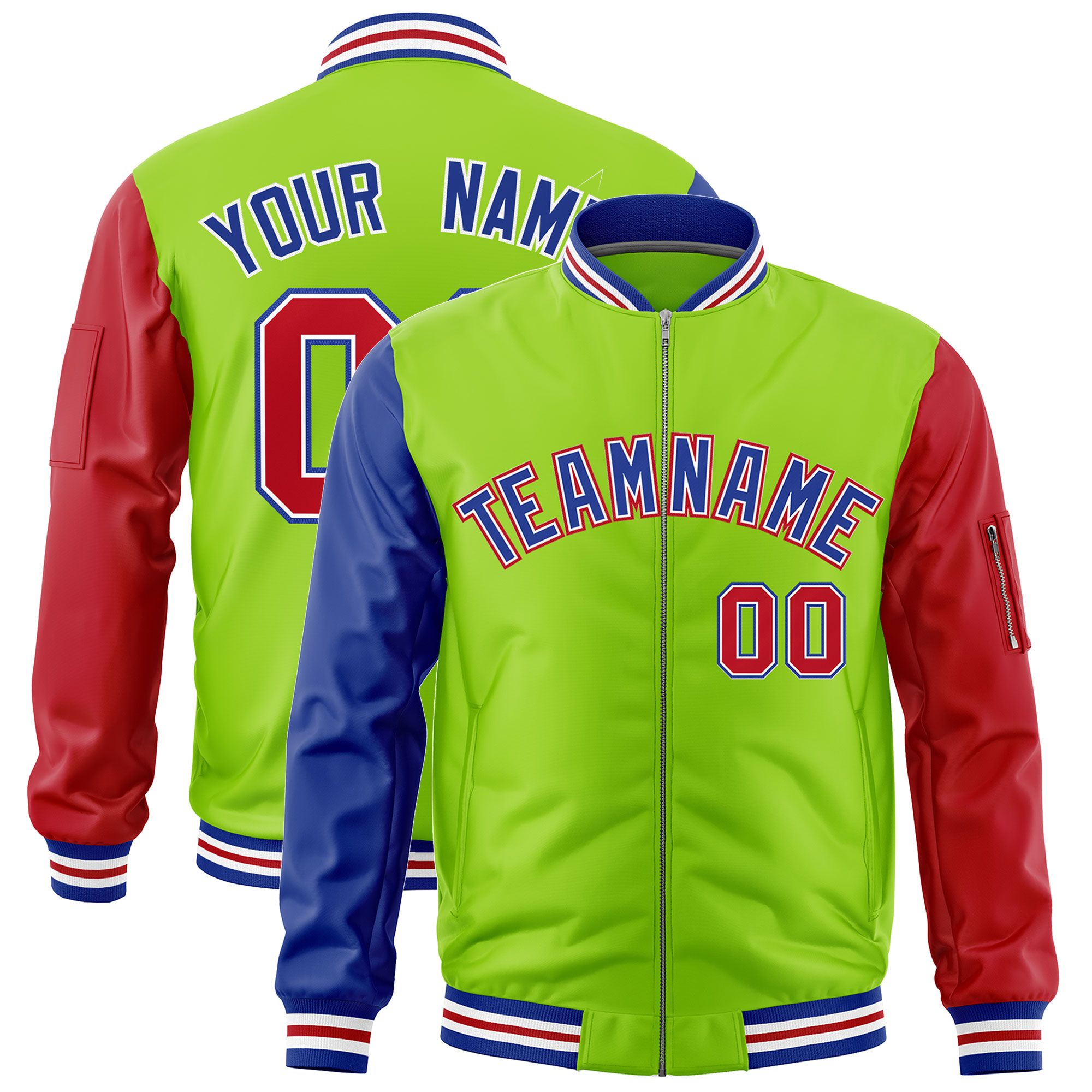 Custom Neon Green Royal Red Varsity Full-Zip Raglan Sleeves Letterman Bomber Jacket