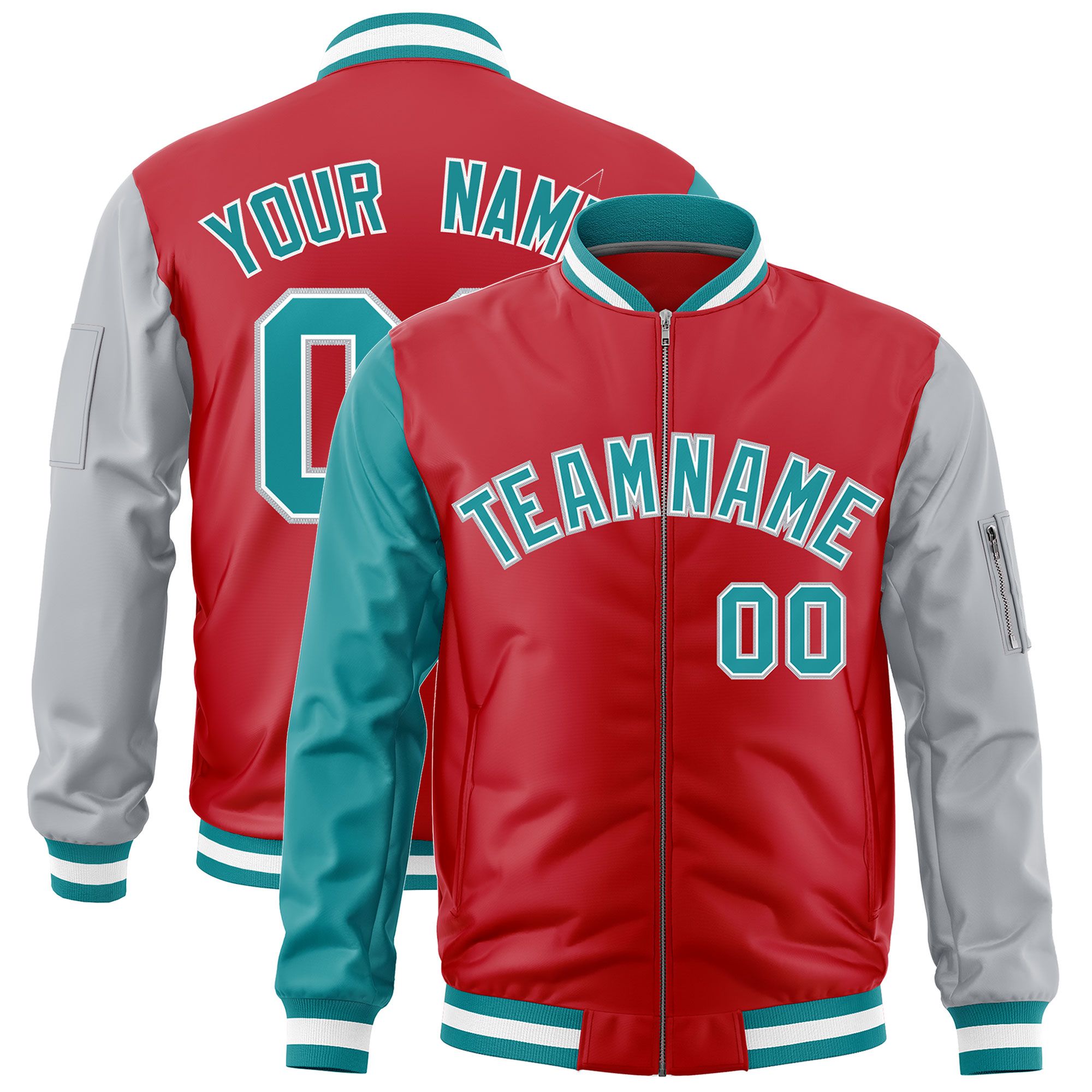 Custom Red Aqua Silver Varsity Full-Zip Raglan Sleeves Letterman Bomber Jacket