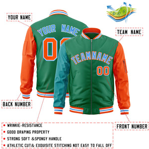 Custom Kelly Green Aqua Orange Varsity Full-Zip Raglan Sleeves Letterman Bomber Jacket