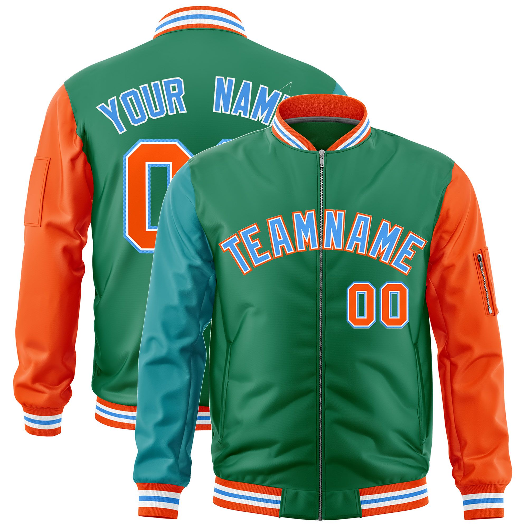 Custom Kelly Green Aqua Orange Varsity Full-Zip Raglan Sleeves Letterman Bomber Jacket