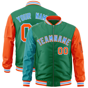 Custom Kelly Green Aqua Orange Varsity Full-Zip Raglan Sleeves Letterman Bomber Jacket