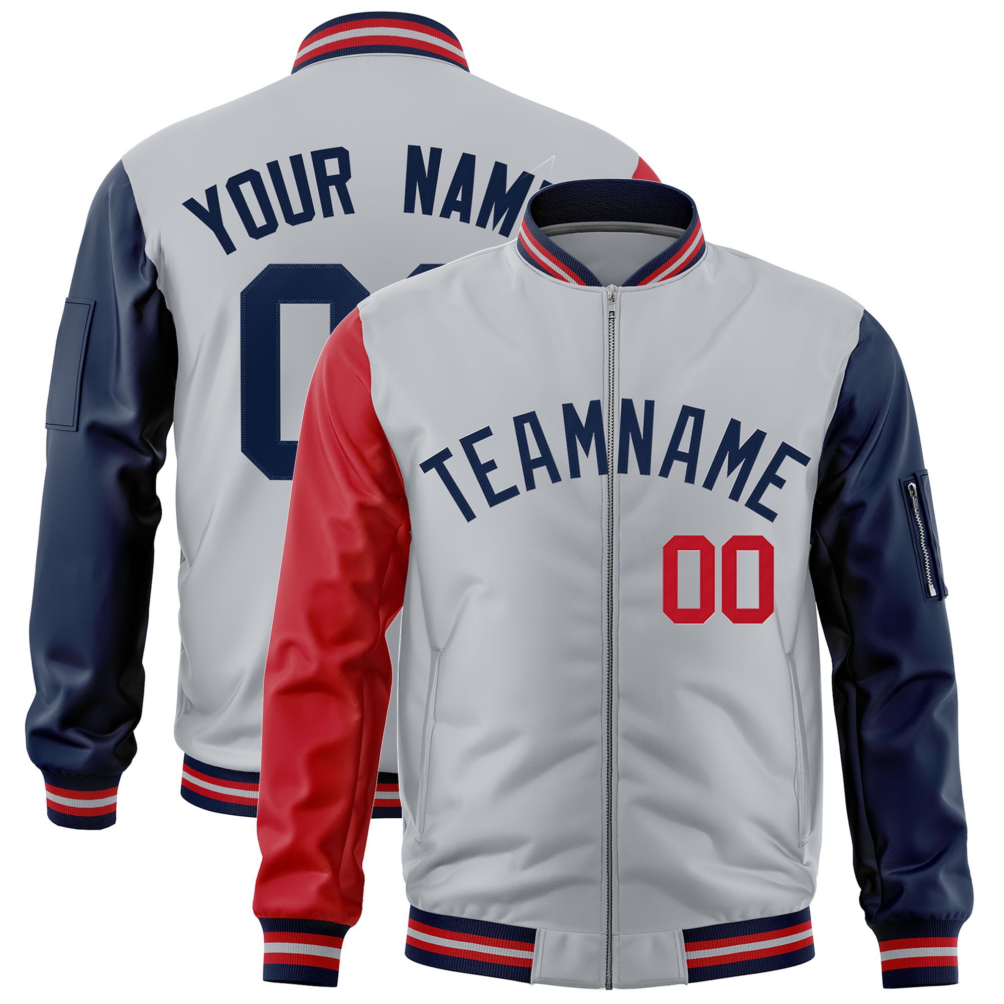 Custom Silver Red Navy Varsity Full-Zip Raglan Sleeves Letterman Bomber Jacket