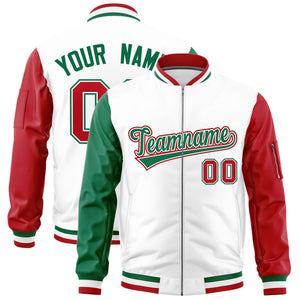 Custom White Kelly Green Red Varsity Full-Zip Raglan Sleeves Letterman Bomber Jacket