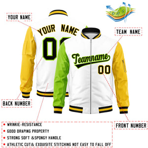 Custom White Neon Green Gold Varsity Full-Zip Raglan Sleeves Letterman Bomber Jacket