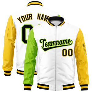 Custom White Neon Green Gold Varsity Full-Zip Raglan Sleeves Letterman Bomber Jacket