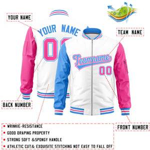 Custom White Powder Blue Pink Varsity Full-Zip Raglan Sleeves Letterman Bomber Jacket