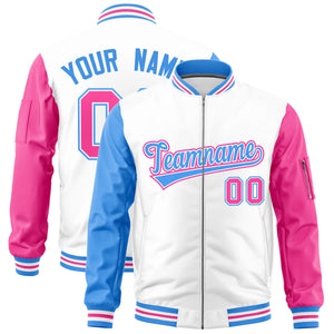 Custom White Powder Blue Pink Varsity Full-Zip Raglan Sleeves Letterman Bomber Jacket