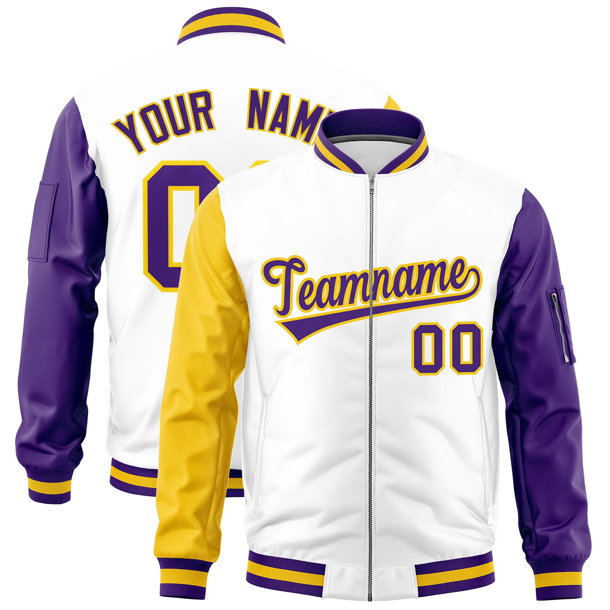 Custom White Gold Purple Varsity Full-Zip Raglan Sleeves Letterman Bomber Jacket