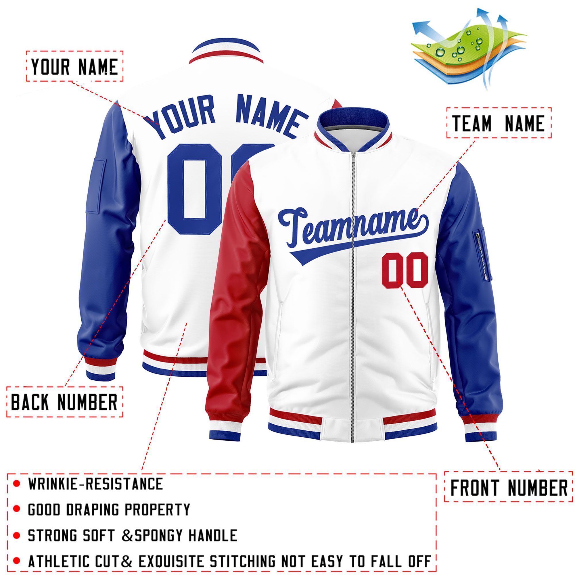 Custom White Red Royal Varsity Full-Zip Raglan Sleeves Letterman Bomber Jacket