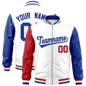 Custom White Red Royal Varsity Full-Zip Raglan Sleeves Letterman Bomber Jacket