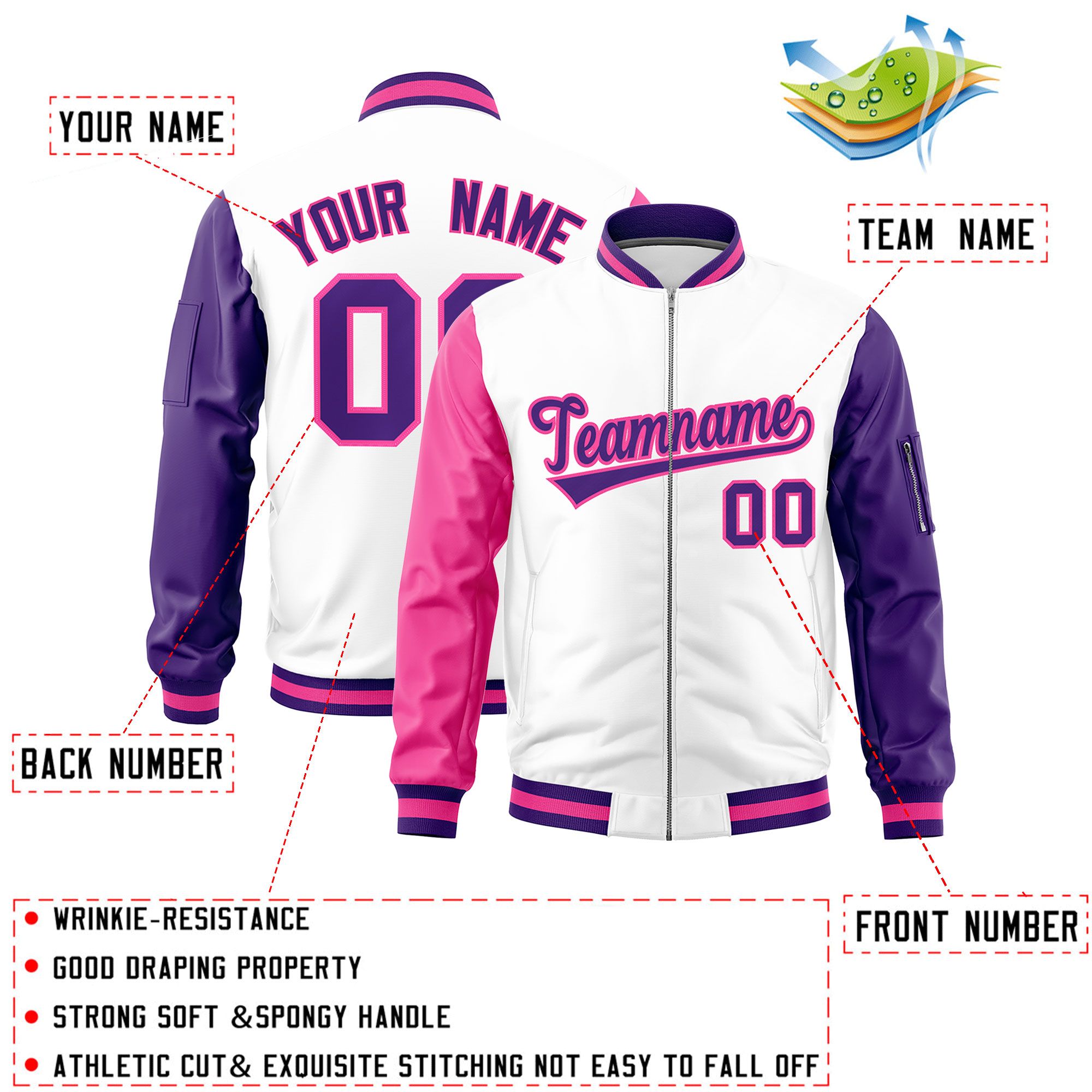 Custom White Pink Purple Varsity Full-Zip Raglan Sleeves Letterman Bomber Jacket