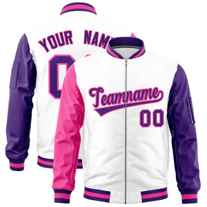 Custom White Pink Purple Varsity Full-Zip Raglan Sleeves Letterman Bomber Jacket