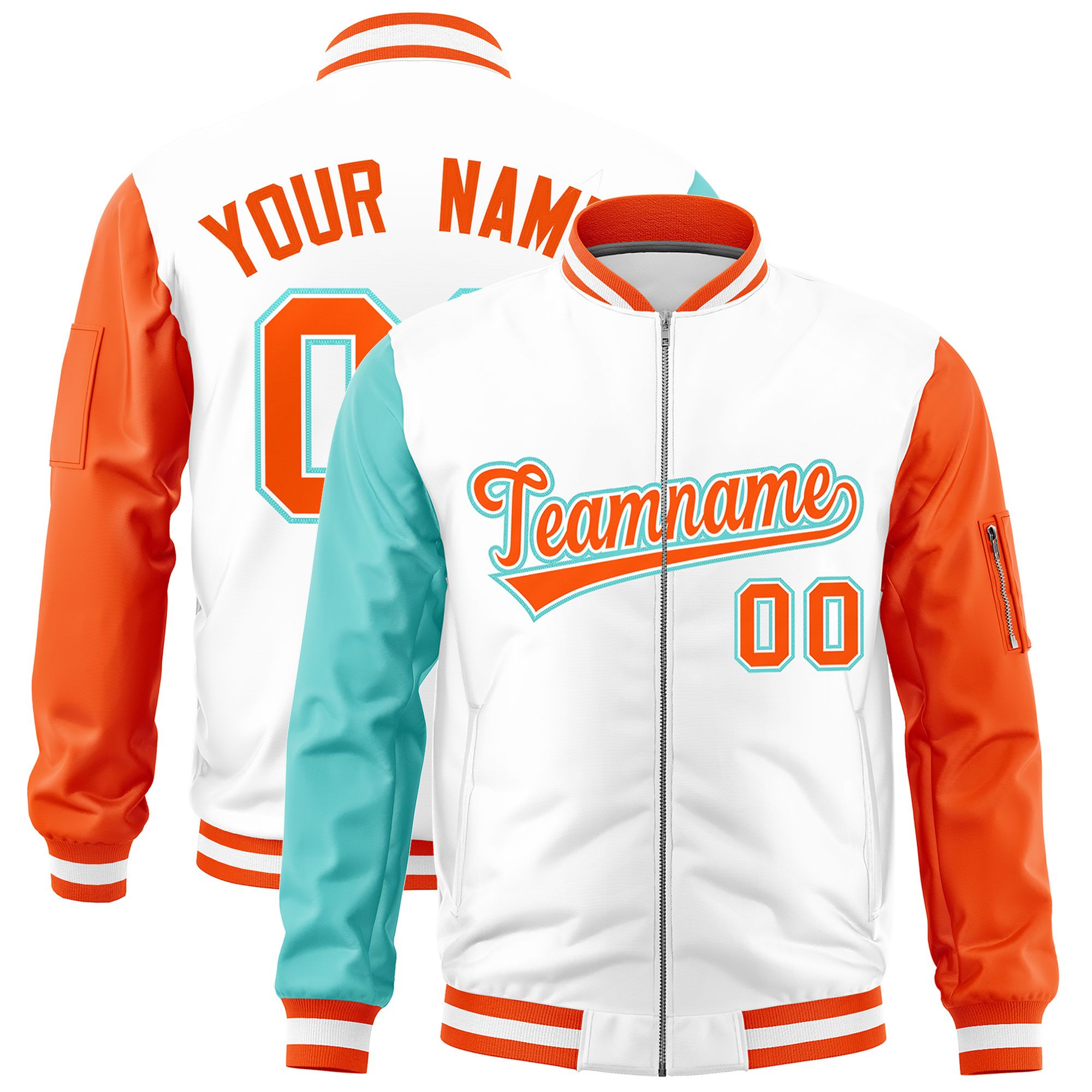 Custom White Bright Green Orange Varsity Full-Zip Raglan Sleeves Letterman Bomber Jacket