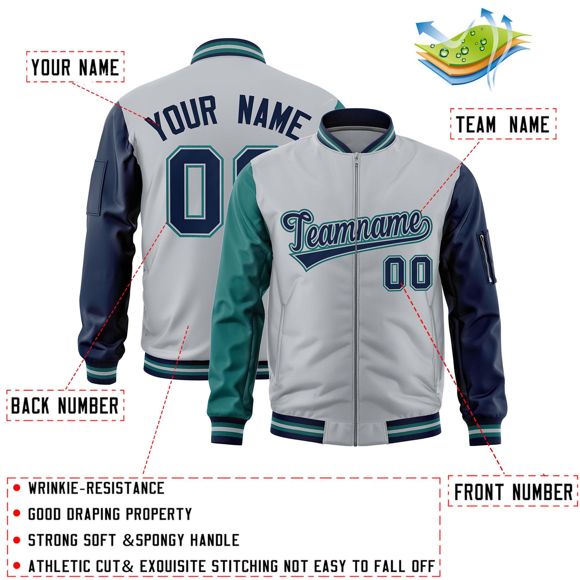 Custom Silver Aqua Navy Varsity Full-Zip Raglan Sleeves Letterman Bomber Jacket