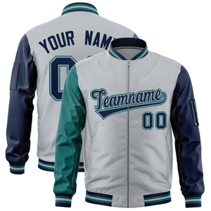 Custom Silver Aqua Navy Varsity Full-Zip Raglan Sleeves Letterman Bomber Jacket