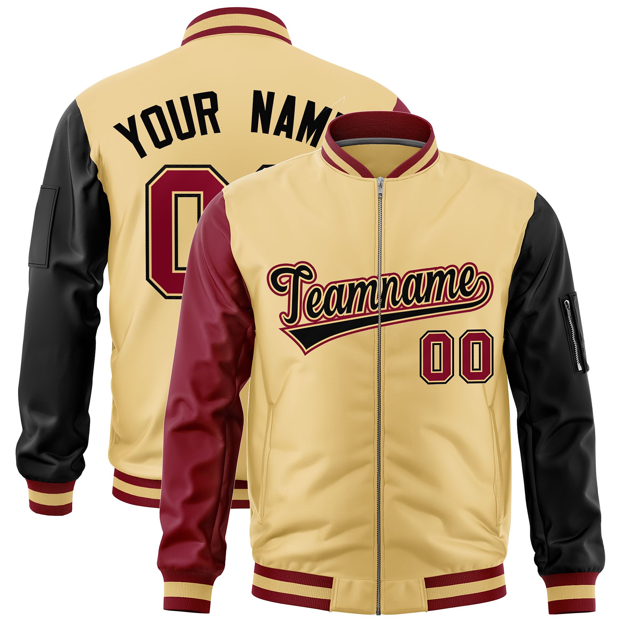 Custom Khaki Crimson Black Varsity Full-Zip Raglan Sleeves Letterman Bomber Jacket