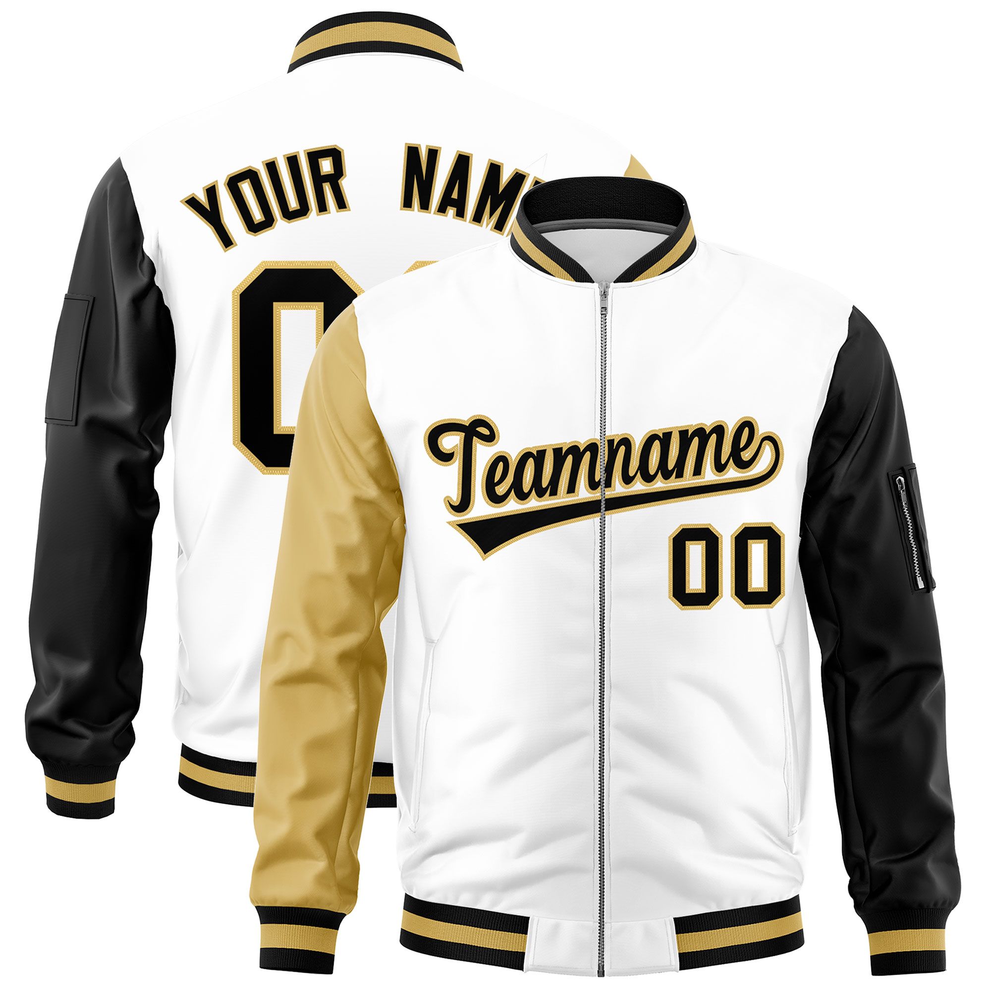 Custom White Old Gold Black Varsity Full-Zip Raglan Sleeves Letterman Bomber Jacket