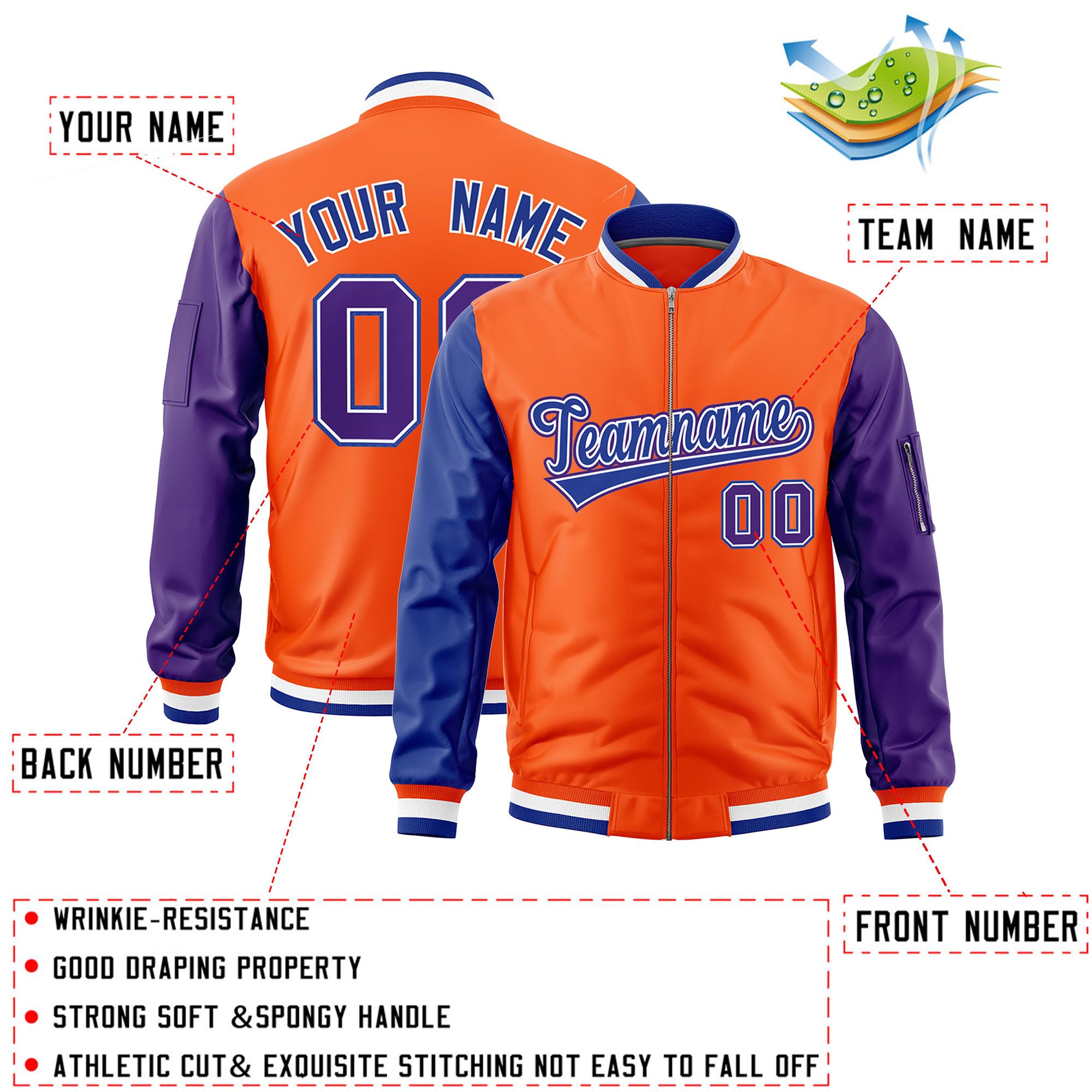 Custom Orange Royal Purple Varsity Full-Zip Raglan Sleeves Letterman Bomber Jacket