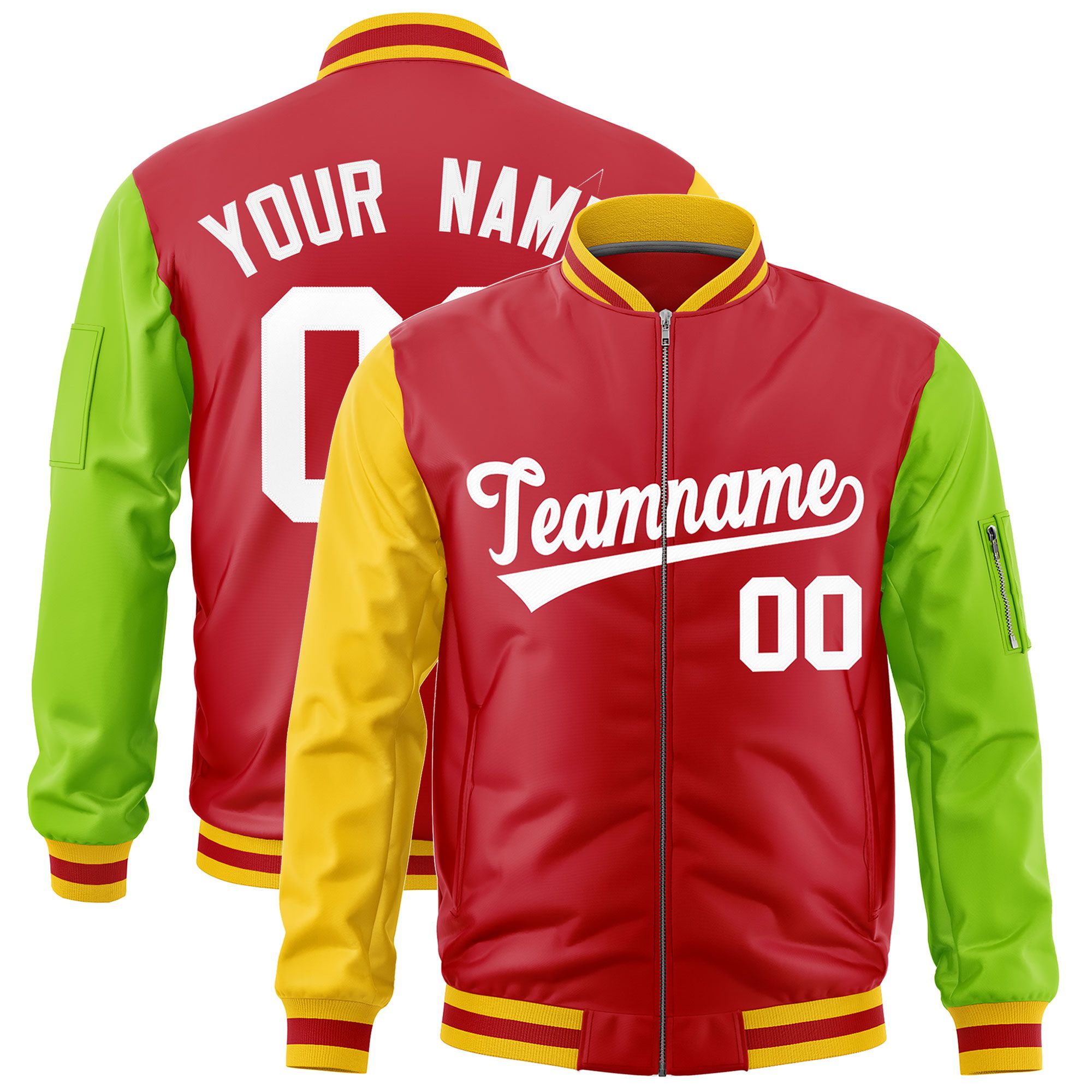 Custom Red Gold Neon Green Varsity Full-Zip Raglan Sleeves Letterman Bomber Jacket