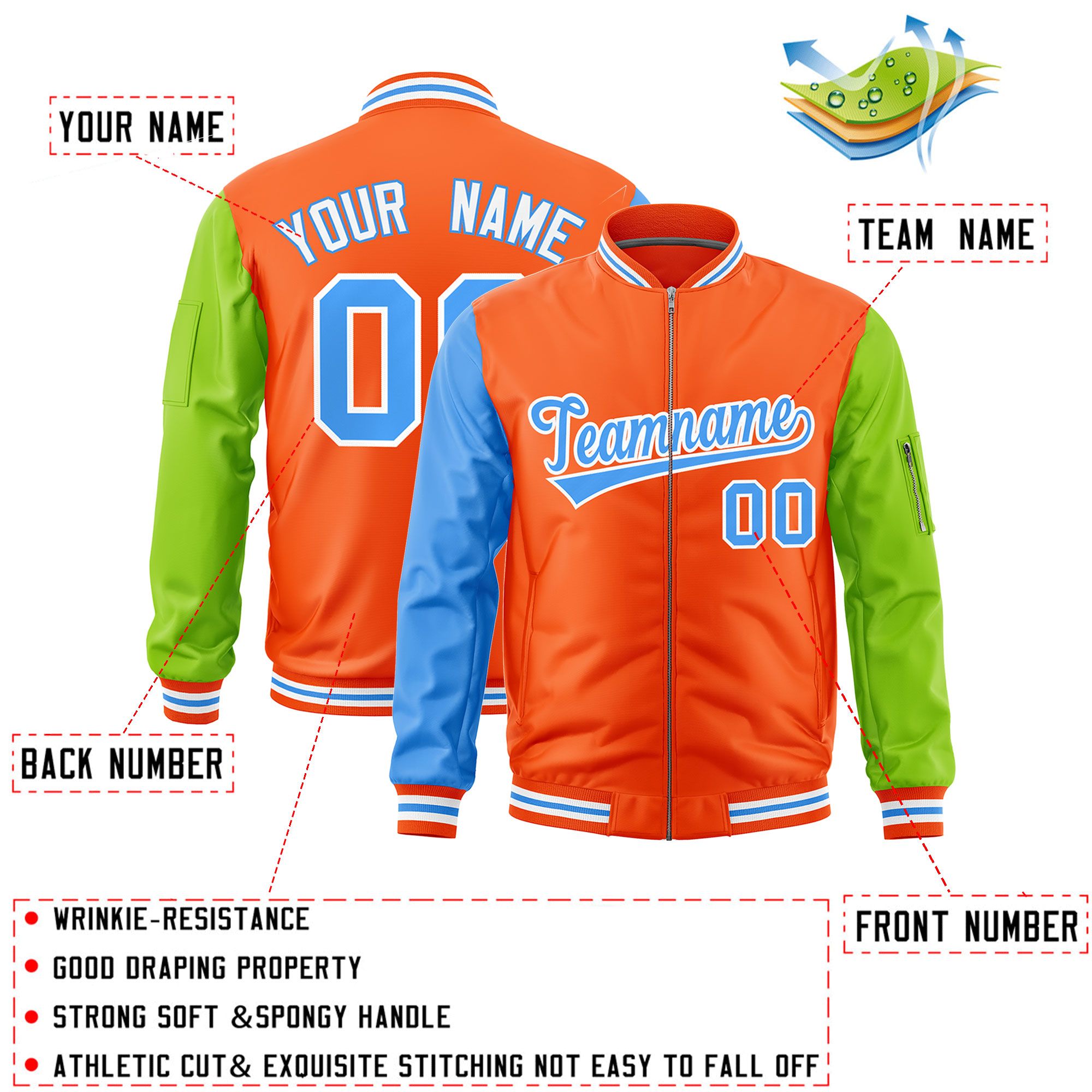 Custom Orange Powder Blue Neon Green Varsity Full-Zip Raglan Sleeves Letterman Bomber Jacket