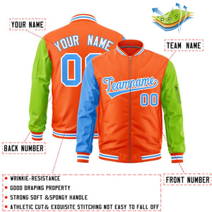 Custom Orange Powder Blue Neon Green Varsity Full-Zip Raglan Sleeves Letterman Bomber Jacket