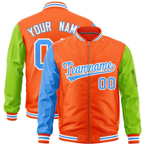 Custom Orange Powder Blue Neon Green Varsity Full-Zip Raglan Sleeves Letterman Bomber Jacket