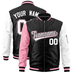 Custom Black Light Pink White Varsity Full-Zip Raglan Sleeves Letterman Bomber Jacket