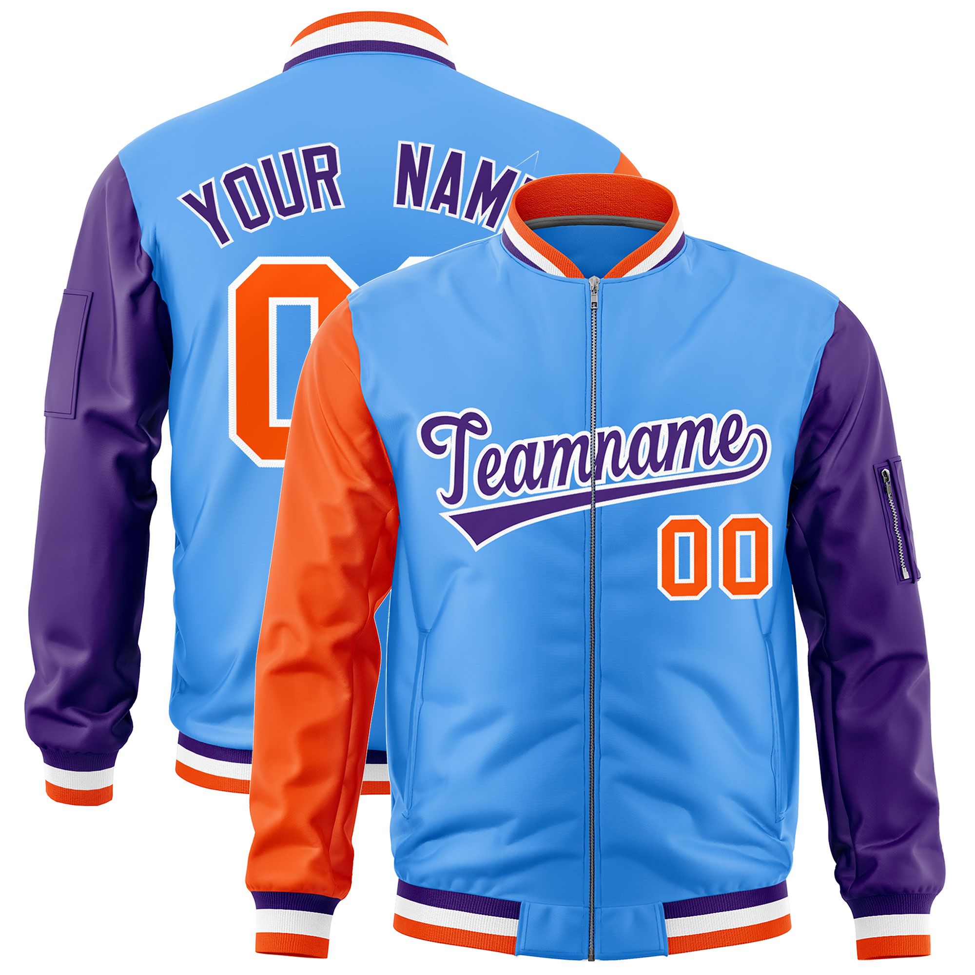 Custom Powder Blue Orange Purple Varsity Full-Zip Raglan Sleeves Letterman Bomber Jacket