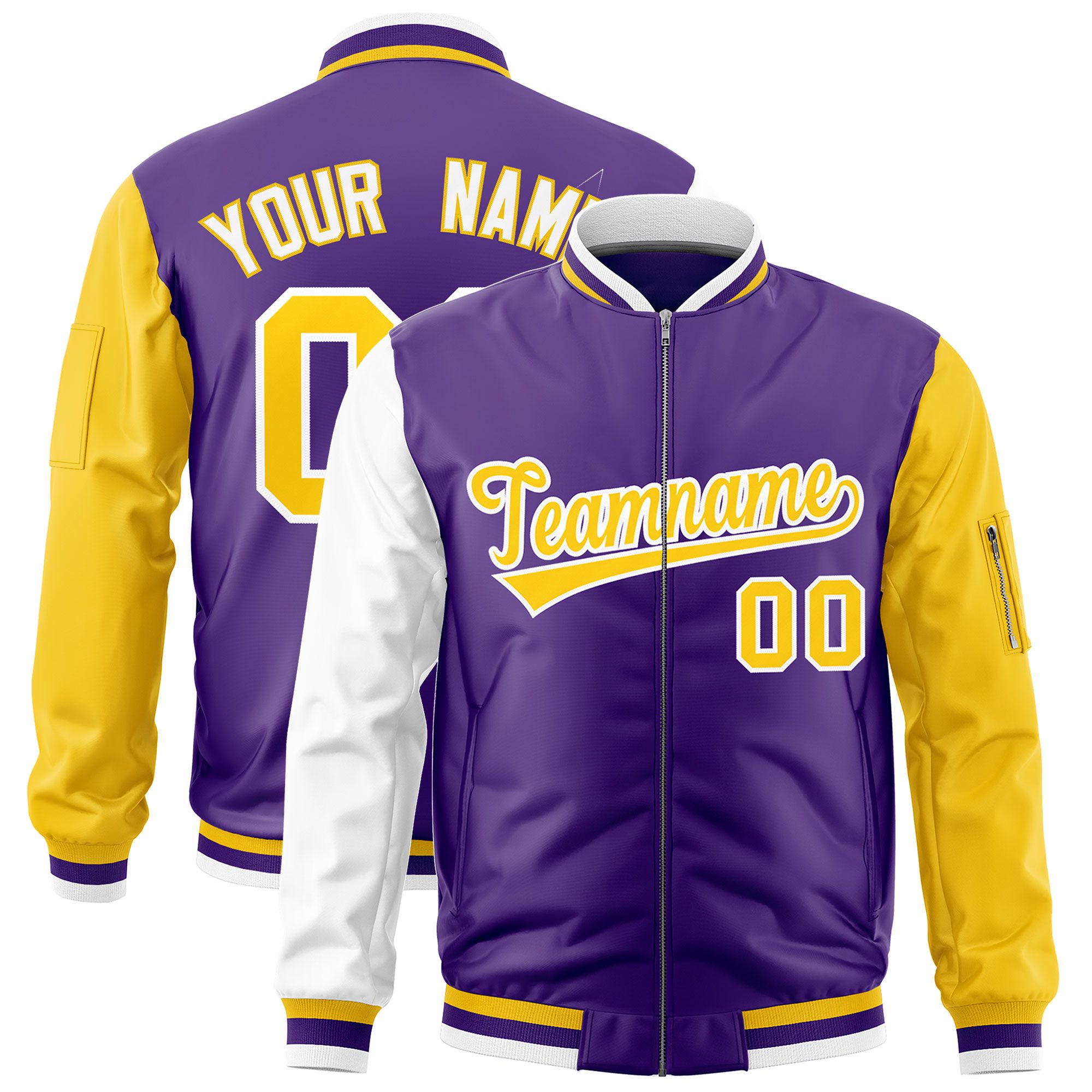 Custom Purple White Gold Varsity Full-Zip Raglan Sleeves Letterman Bomber Jacket