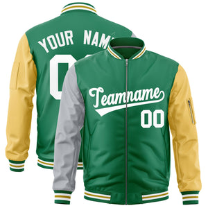 Custom Kelly Green Silver Old Gold Varsity Full-Zip Raglan Sleeves Letterman Bomber Jacket