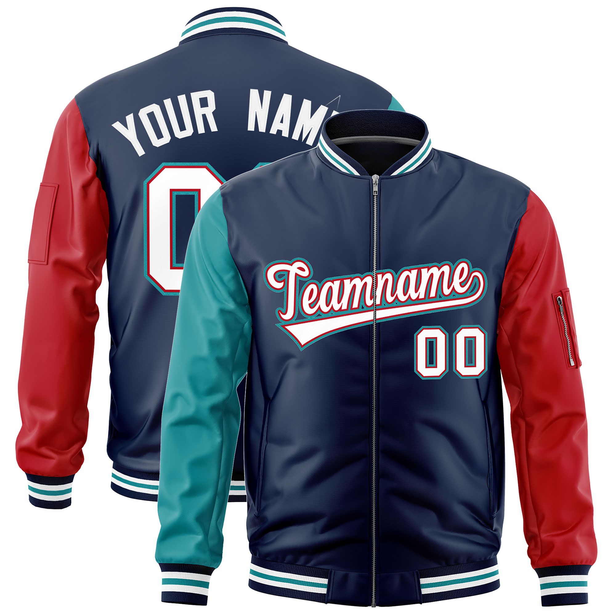 Custom Navy Aqua Red Varsity Full-Zip Raglan Sleeves Letterman Bomber Jacket