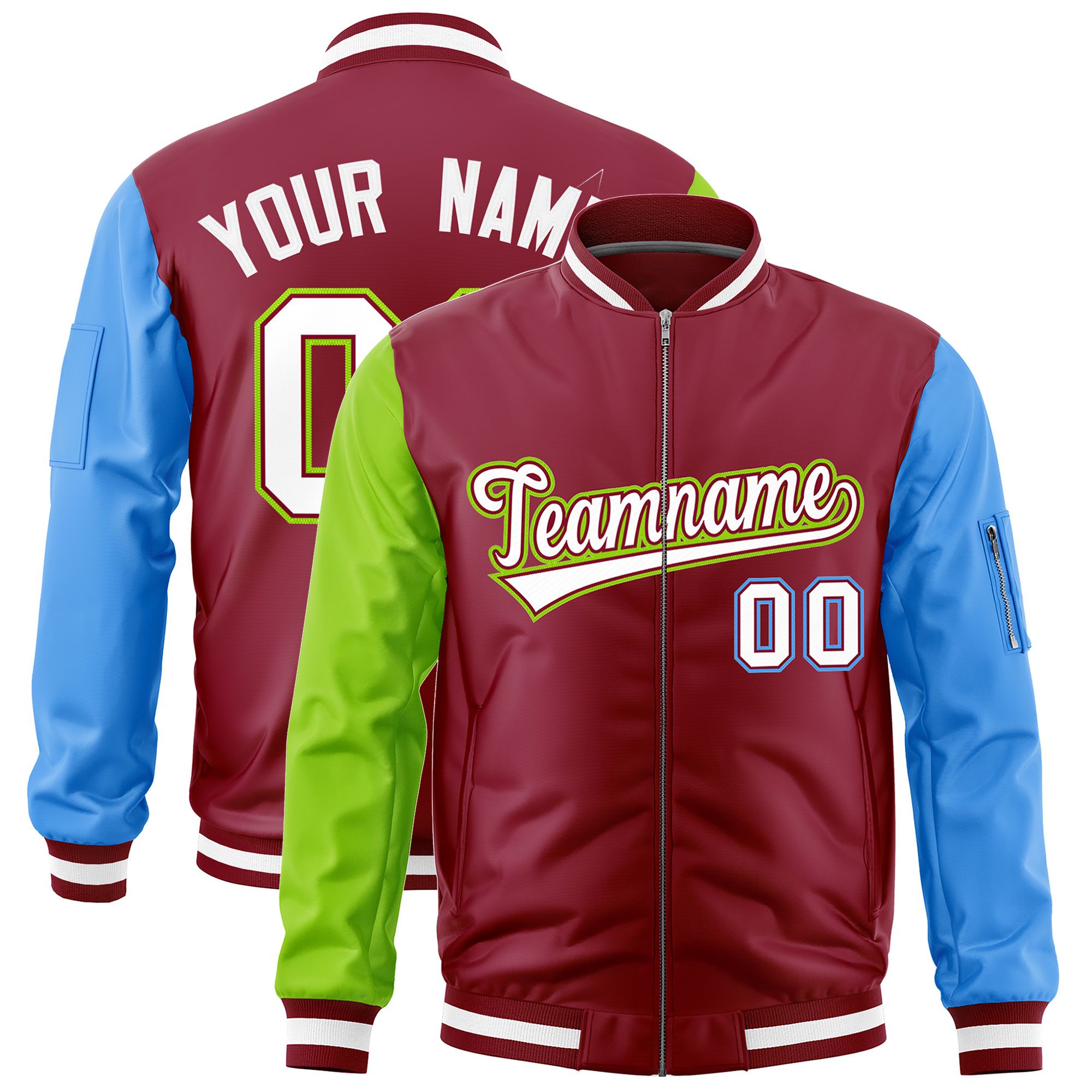 Custom Crimson Neon Green Powder Blue Varsity Full-Zip Raglan Sleeves Letterman Bomber Jacket