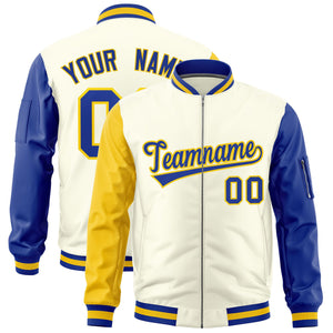 Custom Cream Gold Royal Varsity Full-Zip Raglan Sleeves Letterman Bomber Jacket