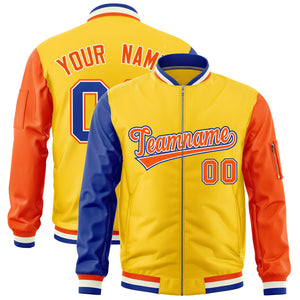 Custom Gold Royal Orange Varsity Full-Zip Raglan Sleeves Letterman Bomber Jacket