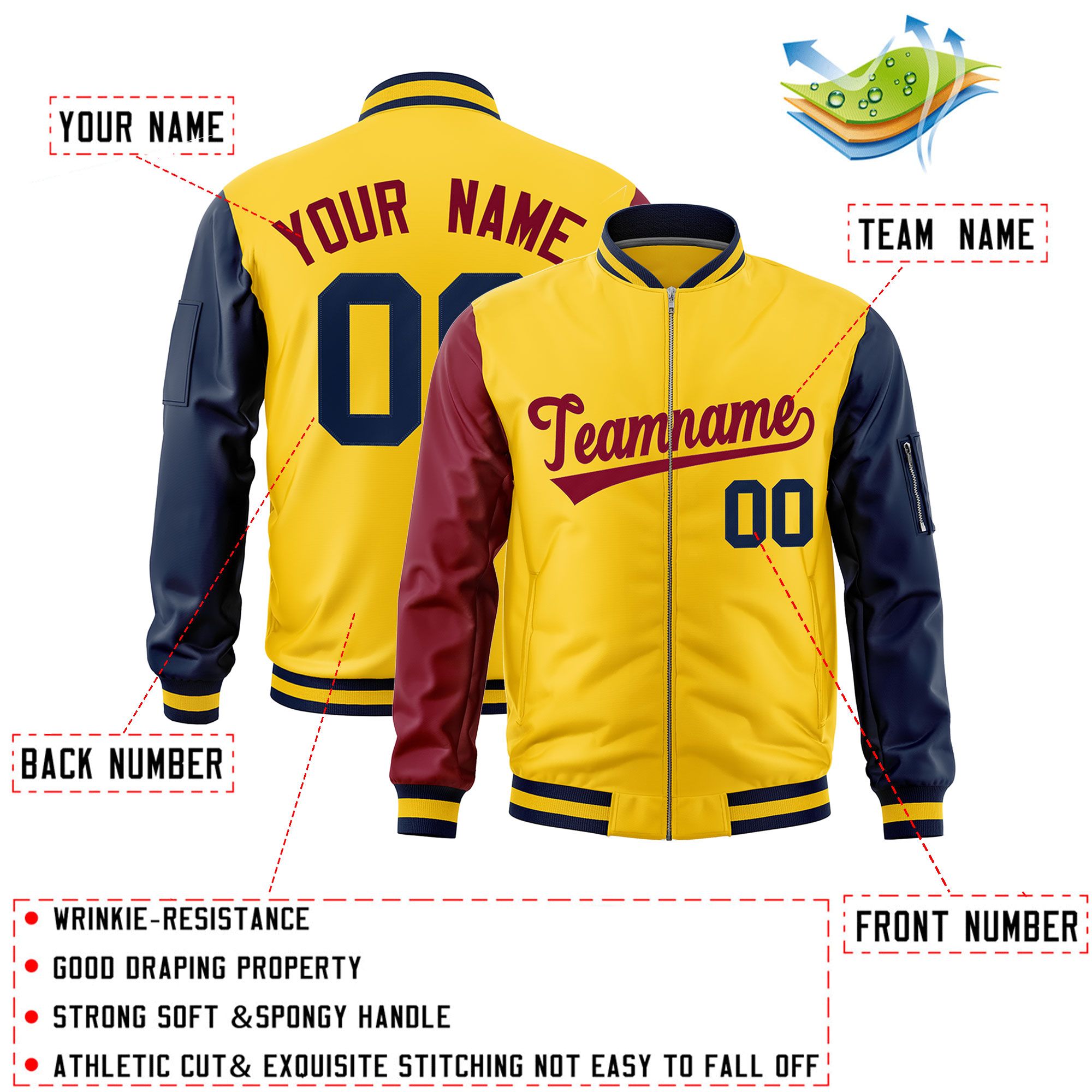 Custom Gold Crimson Navy Varsity Full-Zip Raglan Sleeves Letterman Bomber Jacket