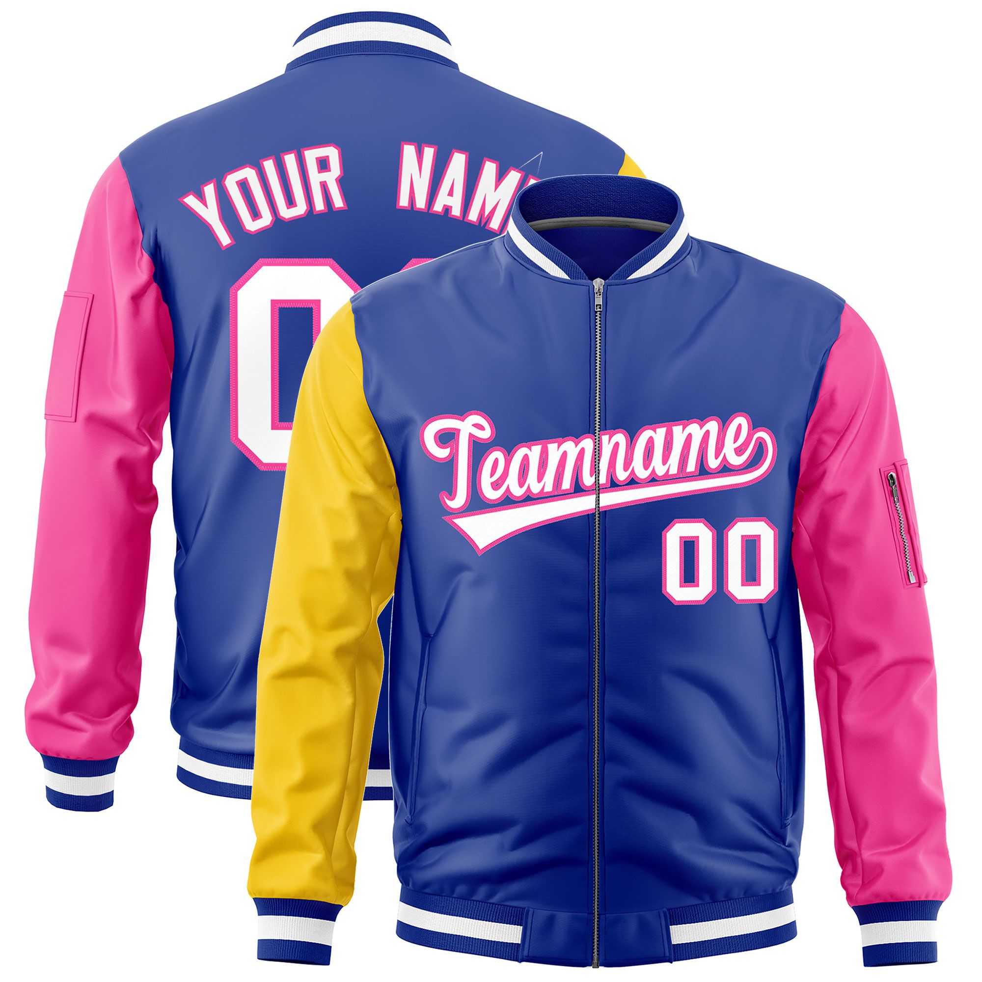 Custom Royal Gold Pink Varsity Full-Zip Raglan Sleeves Letterman Bomber Jacket