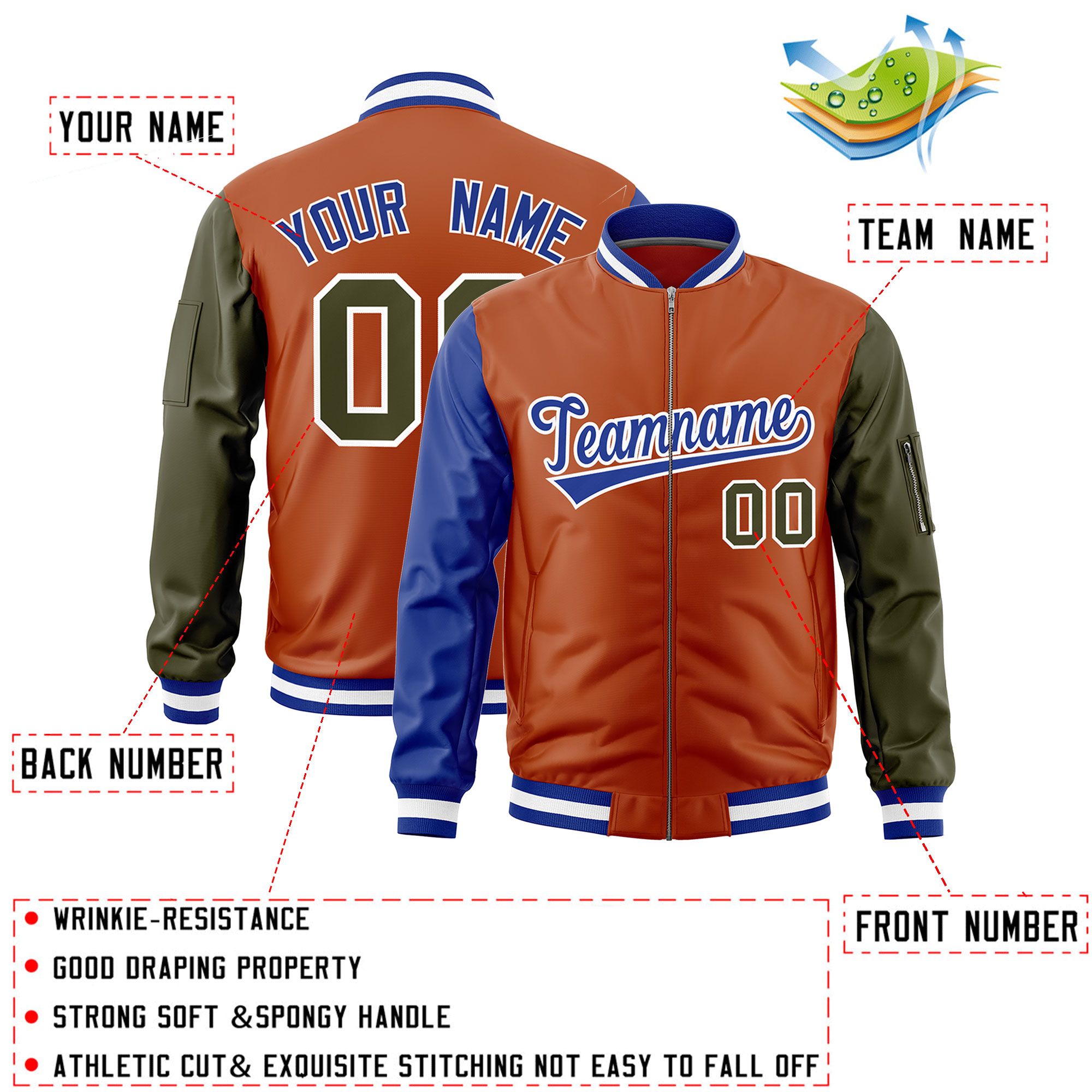 Custom Texas Orange Royal Olive Varsity Full-Zip Raglan Sleeves Letterman Bomber Jacket